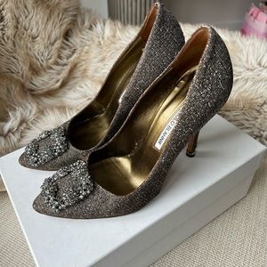 Manolo Blahnik Dark Gold Shimmer Jewel Buckle Pumps